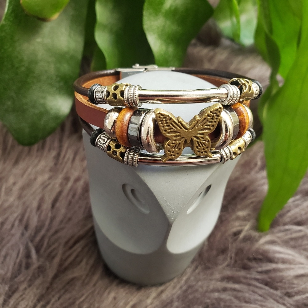 NWT Layered Leather Bracelet Stainless Steel Buckle Boho Bead Butterfly